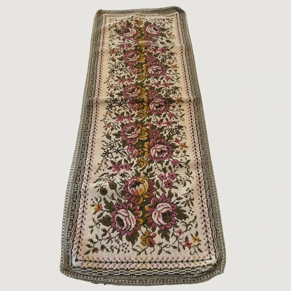 Vintage Floral Needlepoint Table Runner Pink Cream Rose Tapestry 37x13 Decor